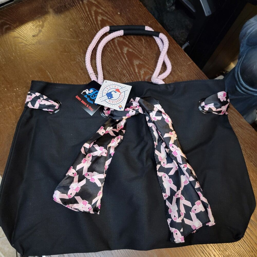 MLB Breast Cancer Awareness Bag w/ tie Scarf Black, pink rope handle NWT